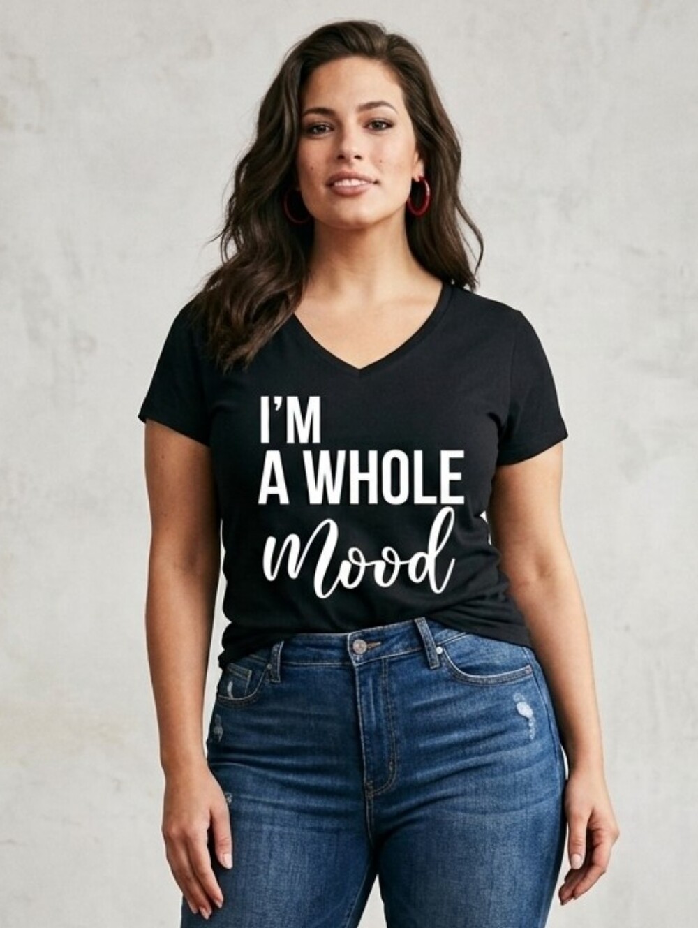 Hand Crafted Black Short Sleeve V-Neck Tee with White "I'm A Whole Mood" Print - Picture 3 of 6
